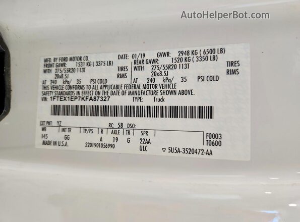 1FTEX1EP7KFA87327 2019 FORD F150 White Engine compartment view