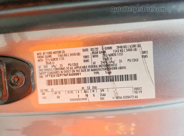 1FTEX1EP7NFA69981 2022 FORD F150 Silver Engine compartment view