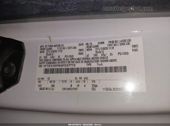 1FTEX1EP9GFD37772 2016 FORD F150 White Շարժիչի բաժամունքի տեսք