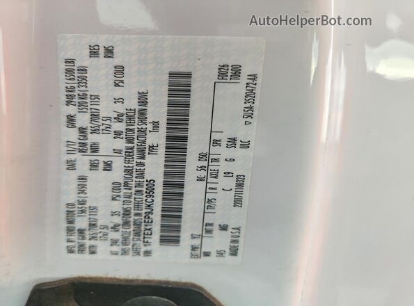 1FTEX1EP9JKC95005 2018 FORD F150 White VIN კოდის სტიკერის ხედი