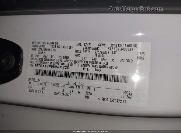 1FTEX1EP9MKD17251 2021 FORD F150 White Շարժիչի բաժամունքի տեսք