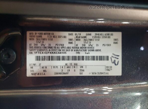 1FTEX1EPXKKC64105 2019 FORD F150 Gray Engine compartment view