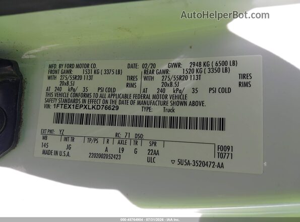 1FTEX1EPXLKD76629 2020 FORD F150 White Շարժիչի բաժամունքի տեսք
