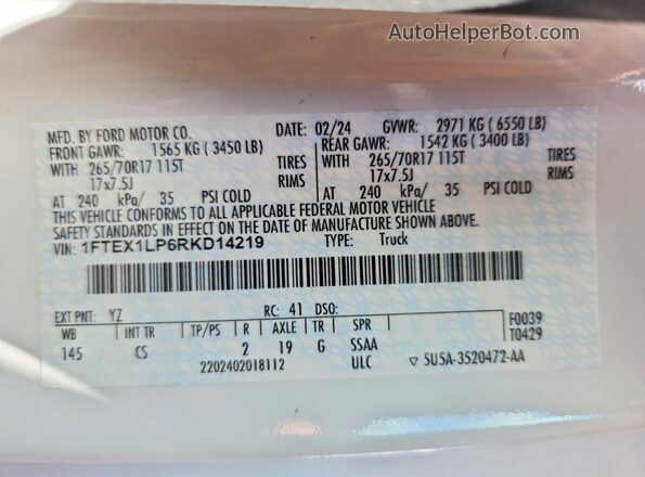 1FTEX1LP6RKD14219 2024 FORD F150 White Вид підкапотного простору