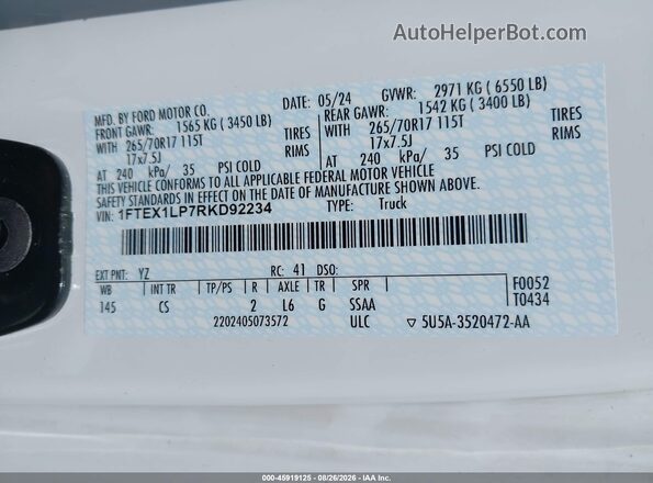 1FTEX1LP7RKD92234 2024 FORD F150 White Vista del compartimento del motor