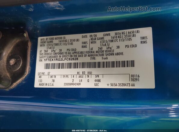 1FTEX1RG2LFC82828 2020 FORD F150 Blue Vista del compartimento del motor