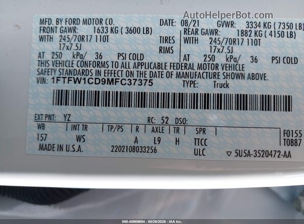1FTFW1CD9MFC37375 2021 FORD F150 White Вид підкапотного простору