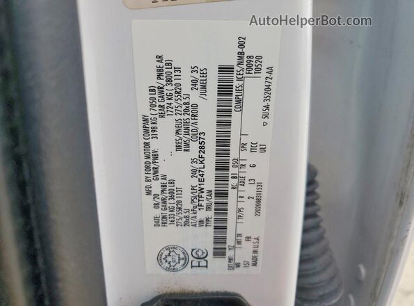 1FTFW1E47LKF28573 2020 FORD F150 White Widok naklejki z numerem VIN