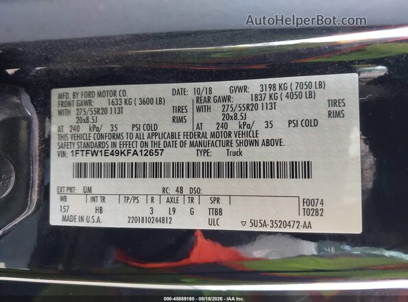 1FTFW1E49KFA12657 2019 FORD F150 Black Շարժիչի բաժամունքի տեսք