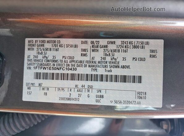1FTFW1E50NFC10430 2022 FORD F150 Gray Widok komory silnika