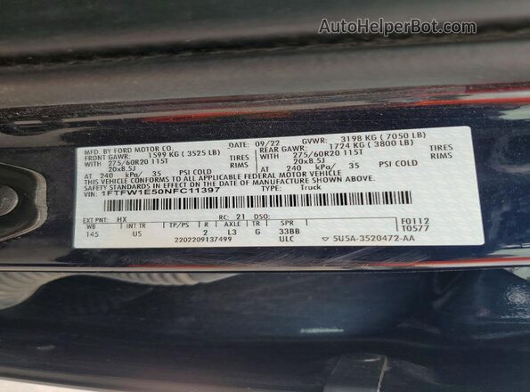 1FTFW1E50NFC11397 2022 FORD F150 Blue VIN sticker view