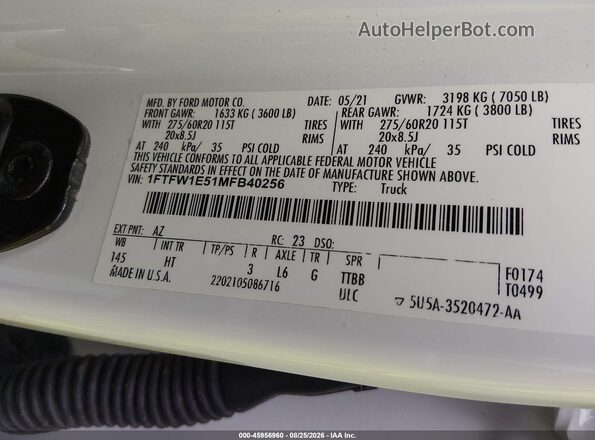 1FTFW1E51MFB40256 2021 FORD F150 White Vista del compartimento del motor