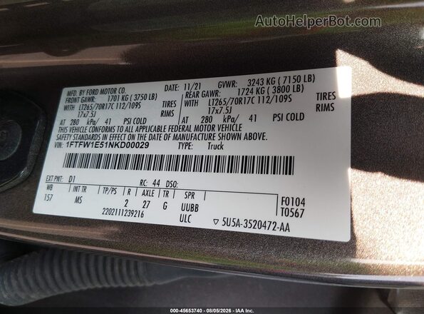 1FTFW1E51NKD00029 2022 FORD F150 Brown Շարժիչի բաժամունքի տեսք