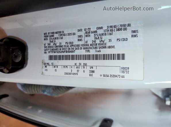 1FTFW1E52NFB50697 2022 FORD F150 White 