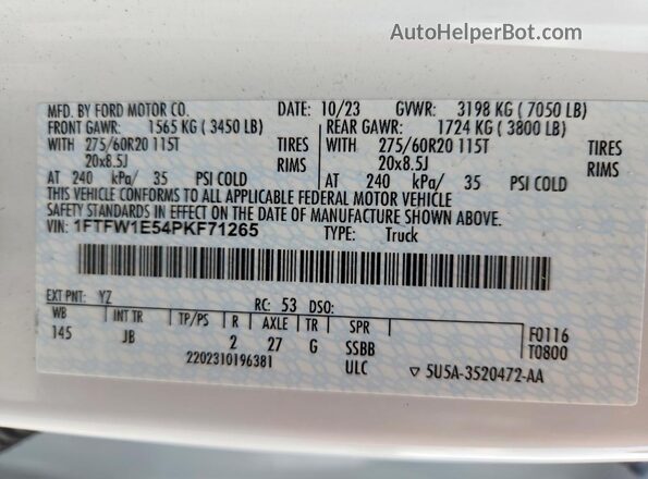 1FTFW1E54PKF71265 2023 FORD F150 White Vista del compartimento del motor