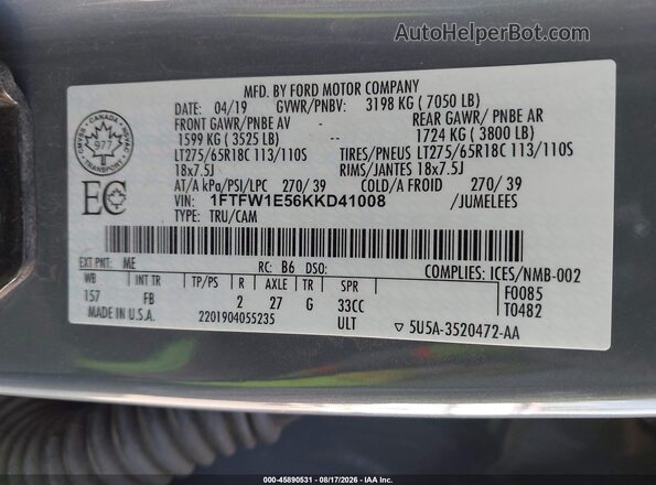 1FTFW1E56KKD41008 2019 FORD F150 Серый Вид подкапотного пространства