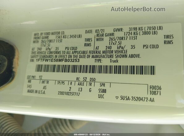 1FTFW1E58MFB03253 2021 FORD F150 White Շարժիչի բաժամունքի տեսք