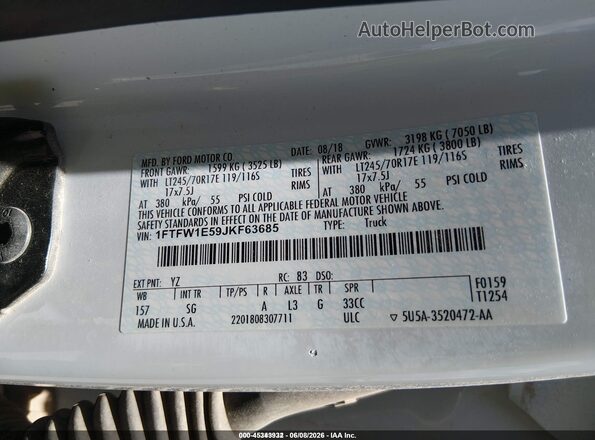 1FTFW1E59JKF63685 2018 FORD F150 White Widok komory silnika