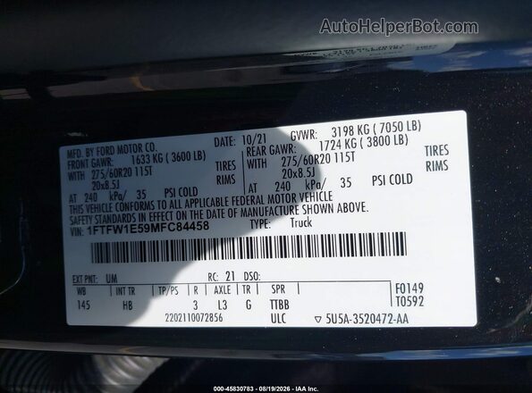 1FTFW1E59MFC84458 2021 FORD F150 Черный Вид подкапотного пространства