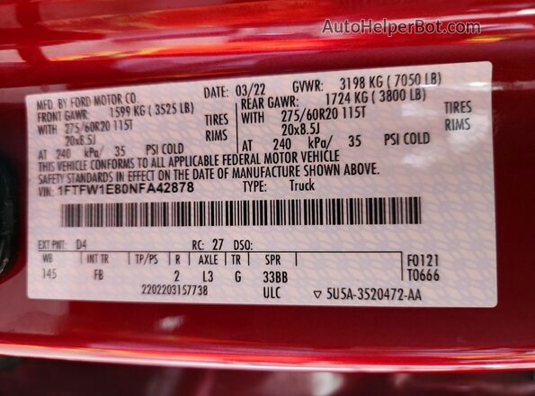 1FTFW1E80NFA42878 2022 FORD F150 Red ძრავის განყოფილების ხედი