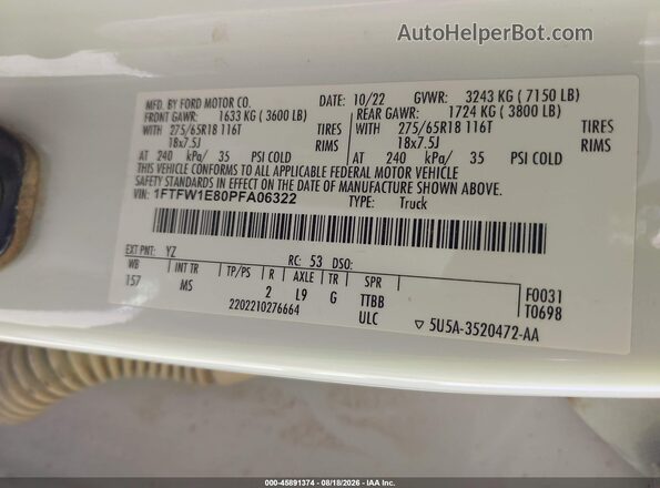 1FTFW1E80PFA06322 2023 FORD F150 White Вид підкапотного простору