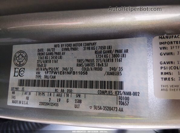 1FTFW1E81NFB11058 2022 FORD F150 Silver Widok komory silnika