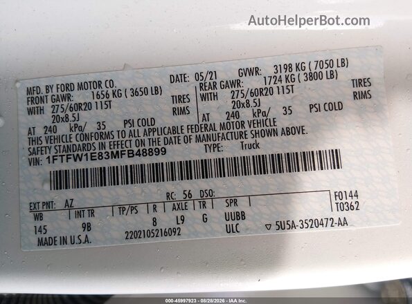 1FTFW1E83MFB48899 2021 FORD F150 White ძრავის განყოფილების ხედი