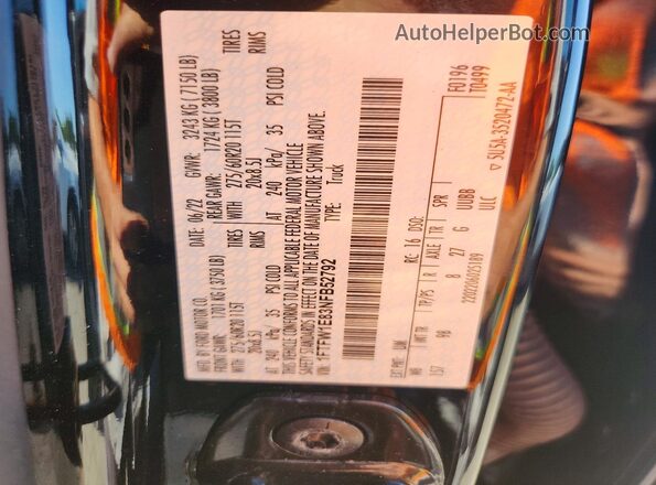 1FTFW1E83NFB52792 2022 FORD F150 Black VIN კოდის სტიკერის ხედი