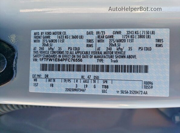 1FTFW1E84PFC76556 2023 FORD F150 White VIN կոդի պիտակի տեսք