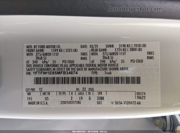 1FTFW1E85MFB34874 2021 FORD F150 White Vista del compartimento del motor