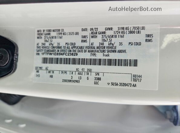1FTFW1E85NFC23829 2022 FORD F150 White Vista de la etiqueta del VIN