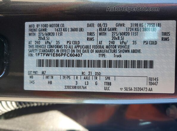 1FTFW1E86PFC60407 2023 FORD F150 Gray Widok naklejki z numerem VIN