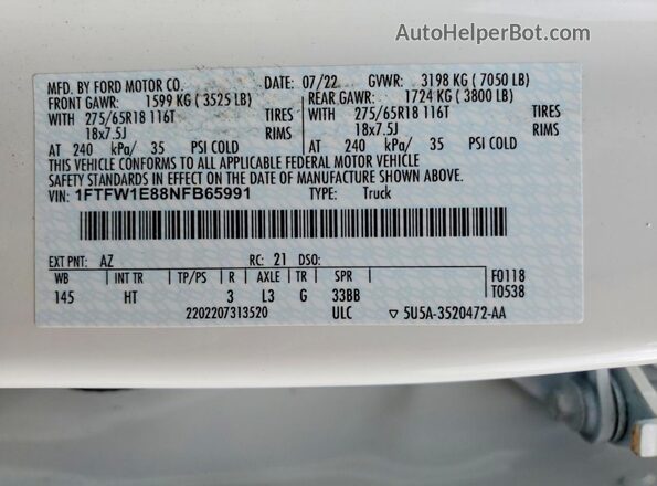 1FTFW1E88NFB65991 2022 FORD F150 Белый Вид подкапотного пространства