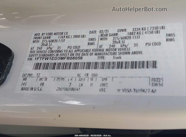 1FTFW1ED3MFB08058 2021 FORD F150 White Engine compartment view