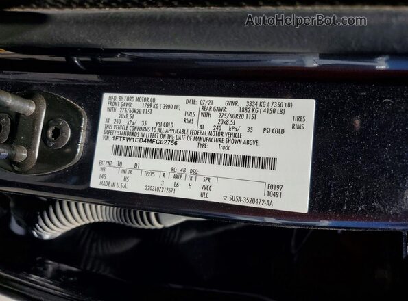 1FTFW1ED4MFC02756 2021 FORD F150 Charcoal Widok naklejki z numerem VIN