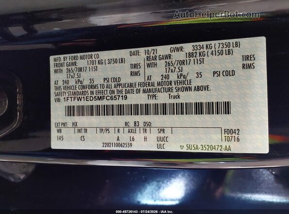 1FTFW1ED5MFC65719 2021 FORD F150 Dark Blue Widok komory silnika