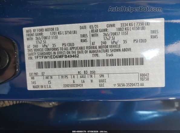 1FTFW1ED6MFB49462 2021 FORD F150 Blue Widok komory silnika