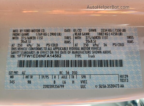1FTFW1ED8NFA14582 2022 FORD F150 White VIN կոդի պիտակի տեսք