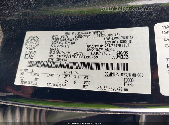 1FTFW1EF3GFB85759 2016 FORD F150 Black Engine compartment view