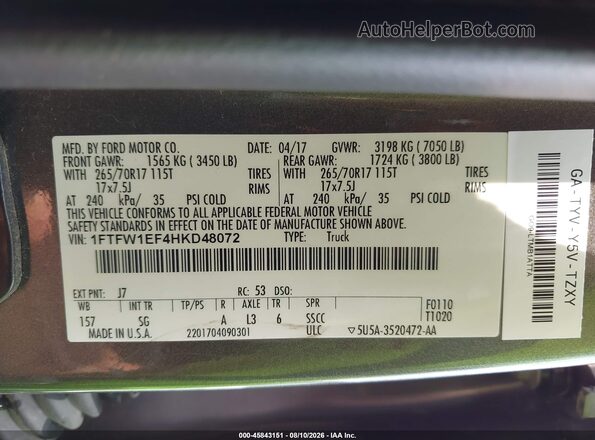 1FTFW1EF4HKD48072 2017 FORD F150 Gray Engine compartment view