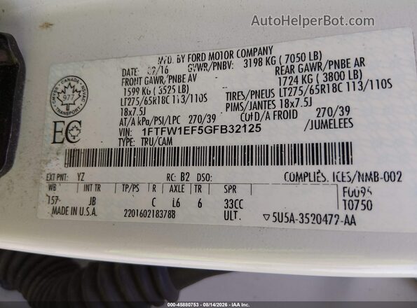 1FTFW1EF5GFB32125 2016 FORD F150 White Widok komory silnika