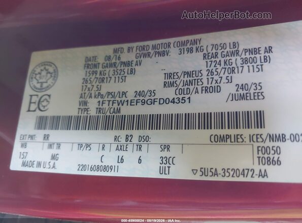 1FTFW1EF9GFD04351 2016 FORD F150 Красный Вид подкапотного пространства
