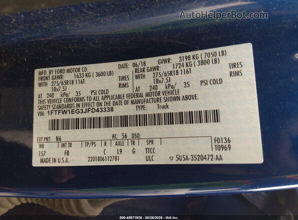 1FTFW1EG3JFD43338 2018 FORD F150 Blue Vista del compartimento del motor