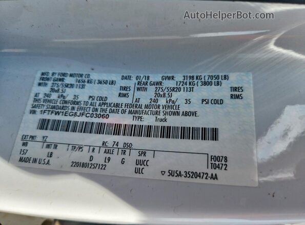 1FTFW1EG8JFC03060 2018 FORD F150 White Շարժիչի բաժամունքի տեսք