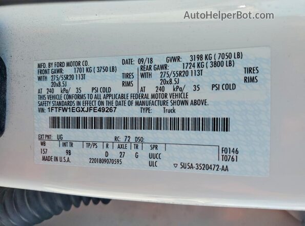 1FTFW1EGXJFE49267 2018 FORD F150 White Вид підкапотного простору