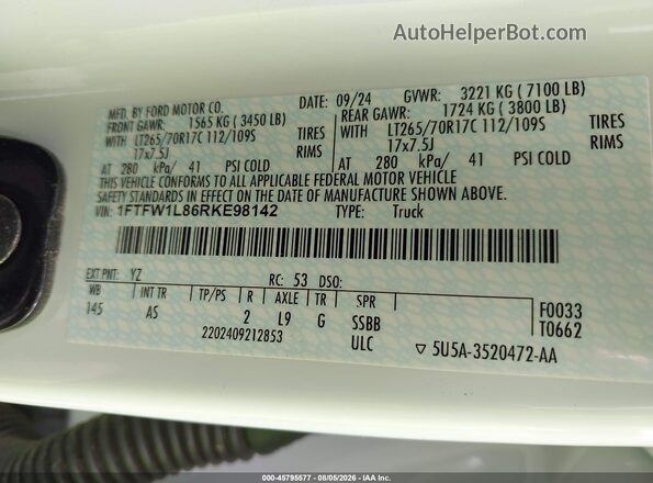 1FTFW1L86RKE98142 2024 FORD F150 White Vista del compartimento del motor