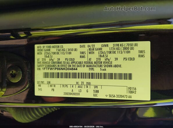 1FTFW1P86NKD04844 2022 FORD F-150 POLICE RESPONDER Black Շարժիչի բաժամունքի տեսք