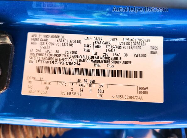 1FTFW1RG1KFC86214 2019 FORD F150 Blue Вид наклейки з VIN-кодом