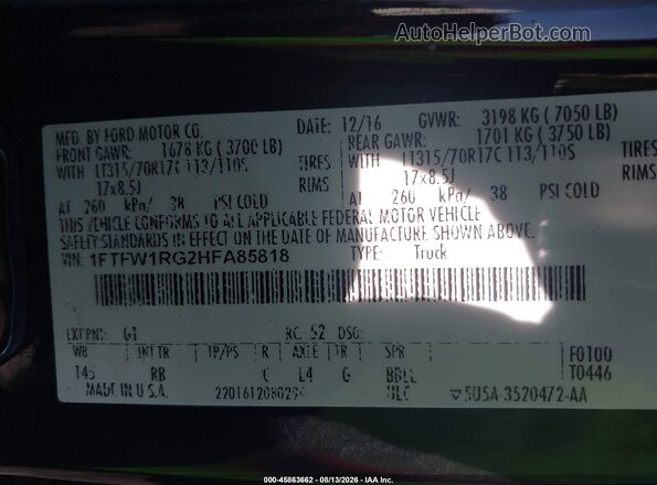 1FTFW1RG2HFA85818 2017 FORD F150 Черный Вид подкапотного пространства
