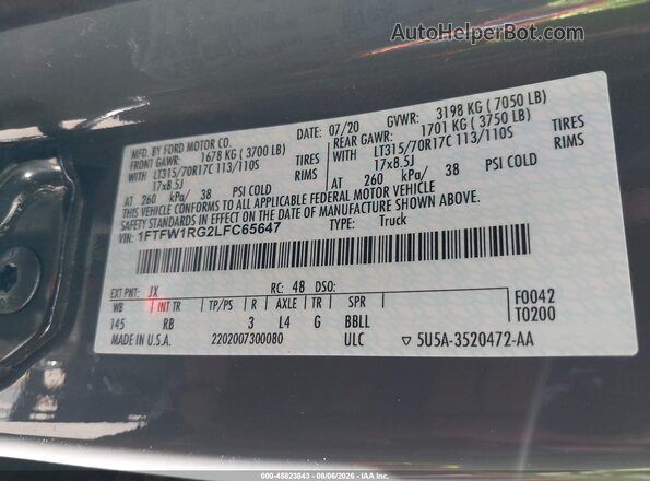 1FTFW1RG2LFC65647 2020 FORD F150 Gray Widok komory silnika